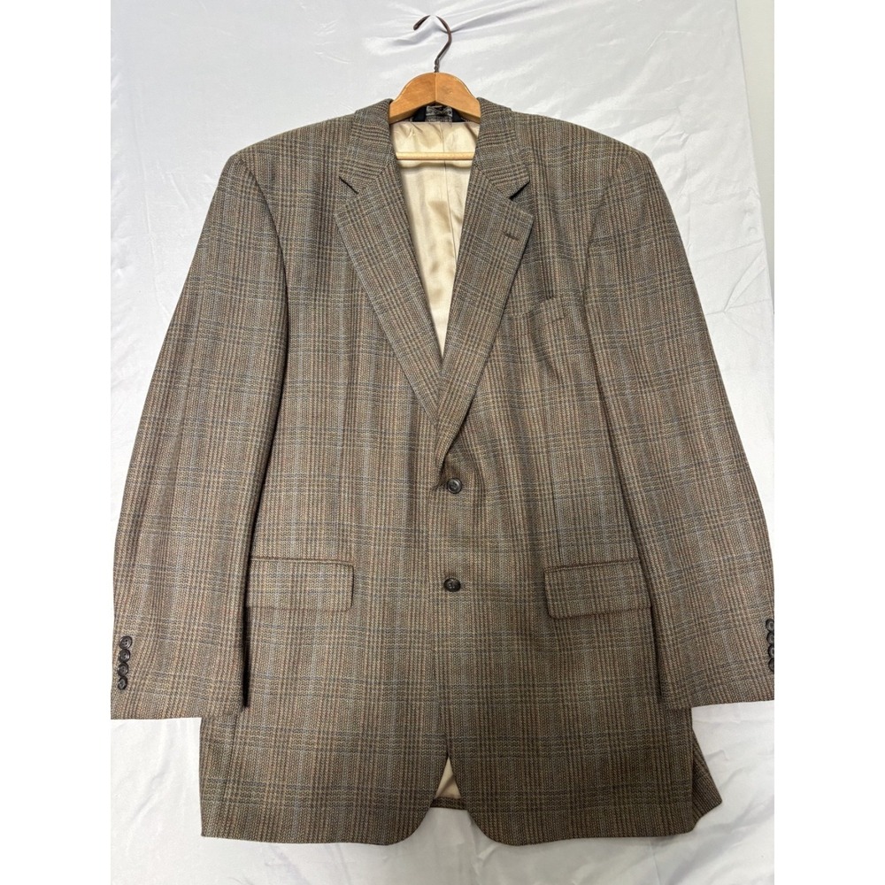 Jos A Bank Blazer‎ Mens 44 Long Brown Plaid 100% Wool Tweed Sport Coat Jacket